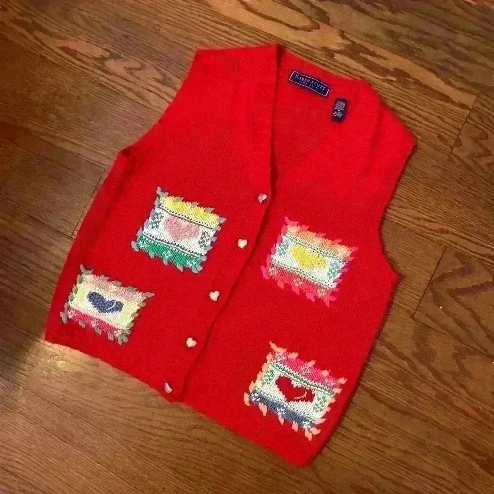 Vintage Embroidered Patchwork Hearts Sweater Vest Size Medium Hand Knit Cottage - Picture 6 of 9